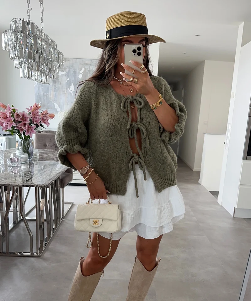 Cardigan Schleife Fia Dreiviertel Khaki