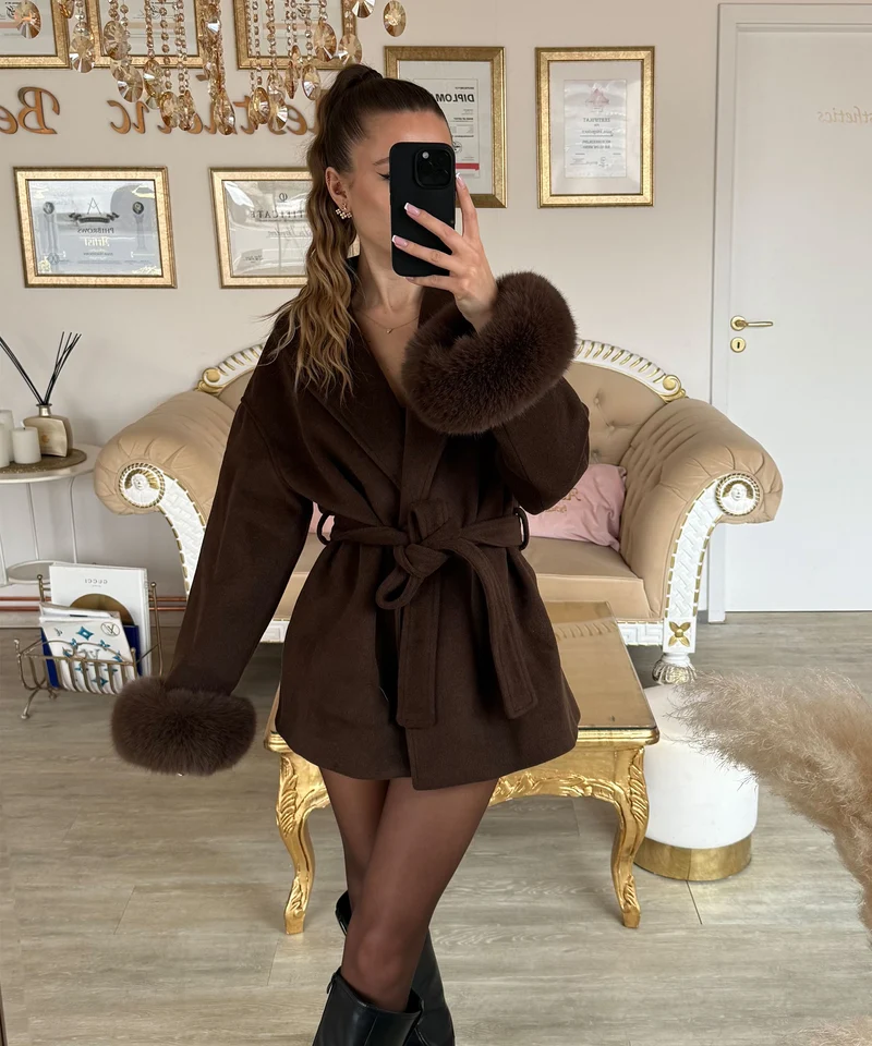 Jacke mit Felldetails Loona Dunkelbraun