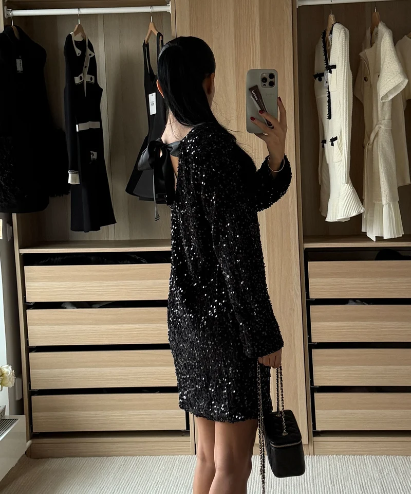 Pailletten Kleid Nessa Schleife Schwarz