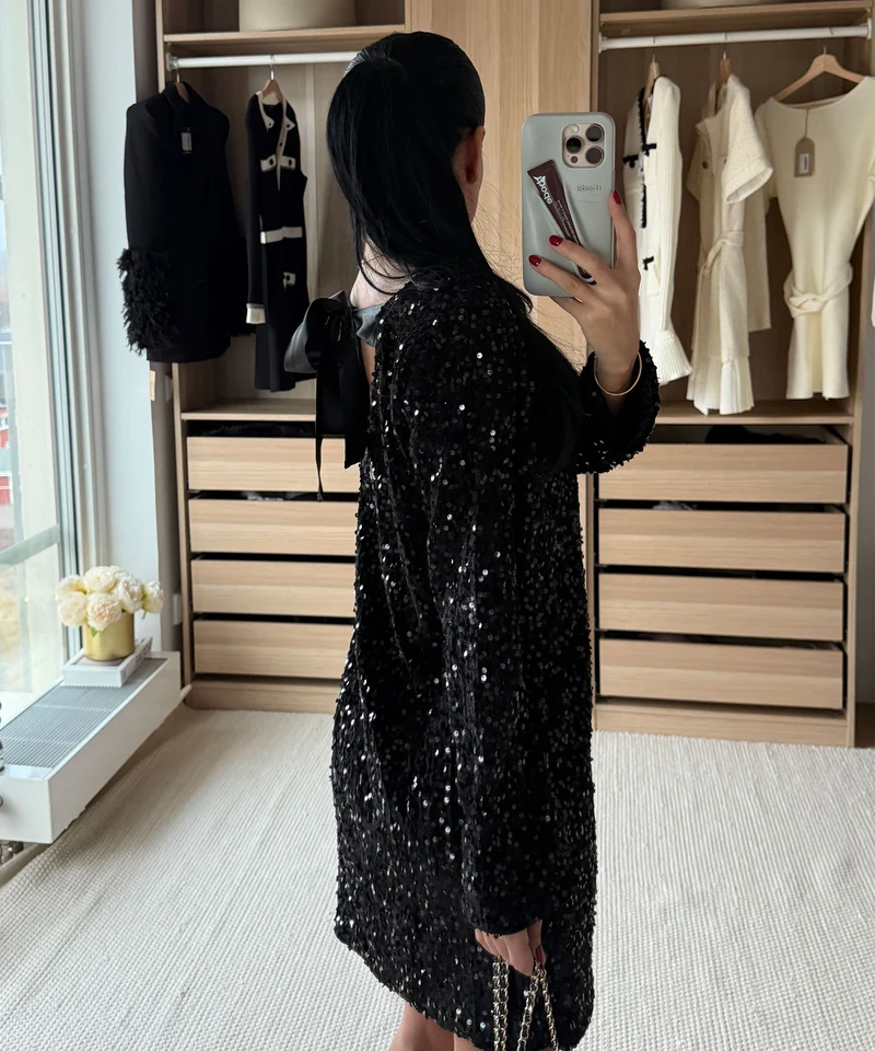 Pailletten Kleid Nessa Schleife Schwarz
