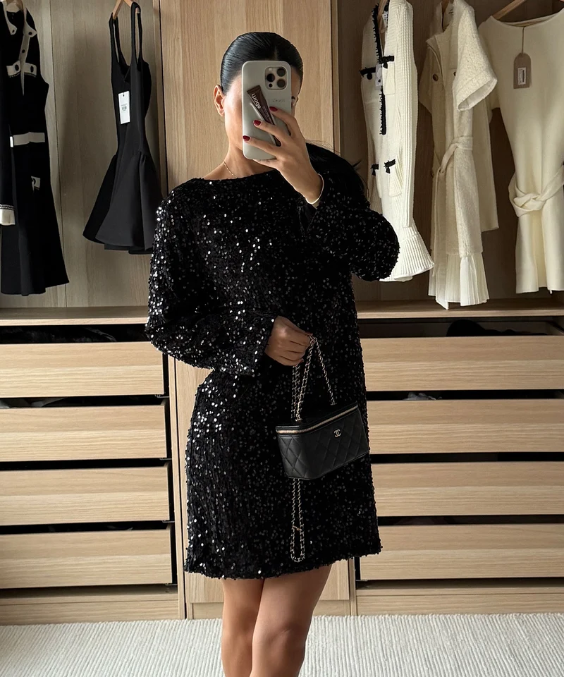 Pailletten Kleid Nessa Schleife Schwarz