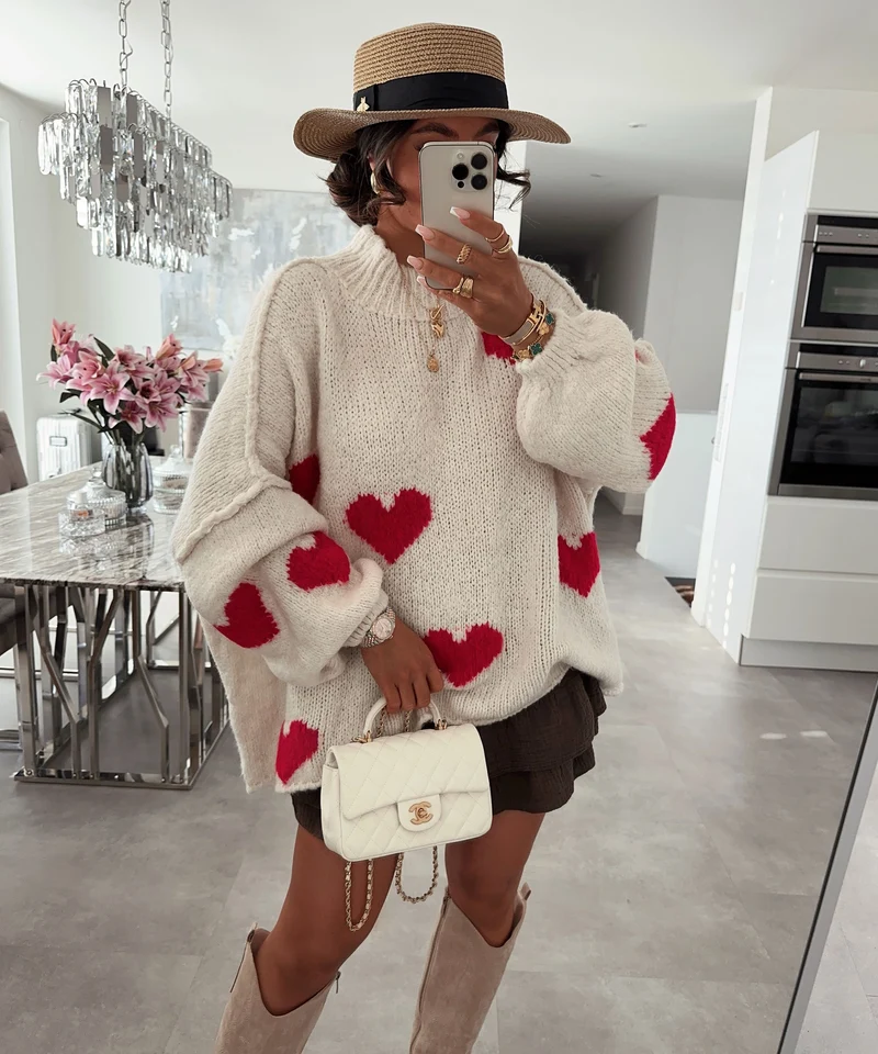Oversize Pullover Nata Herz Beige Rot