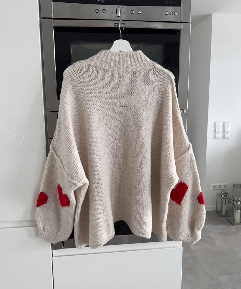 Oversize Pullover Nata Herz Beige Rot