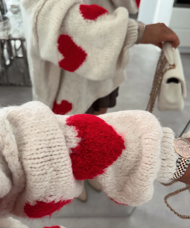 Oversize Pullover Nata Herz Beige Rot