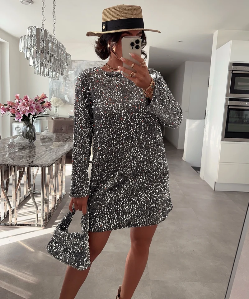 Pailletten Kleid Nessa Schleife Silber