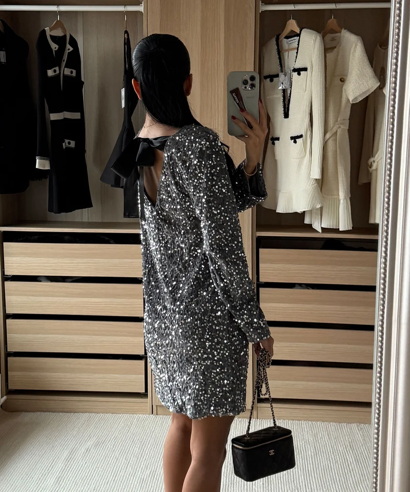 Pailletten Kleid Nessa Schleife Silber