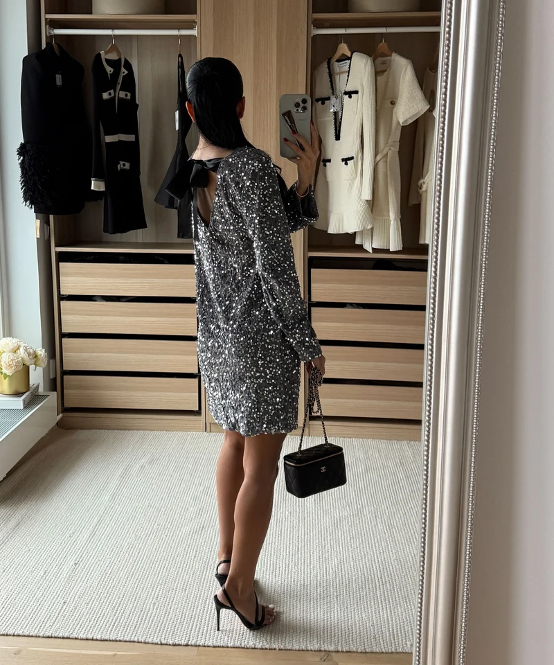 Pailletten Kleid Nessa Schleife Silber