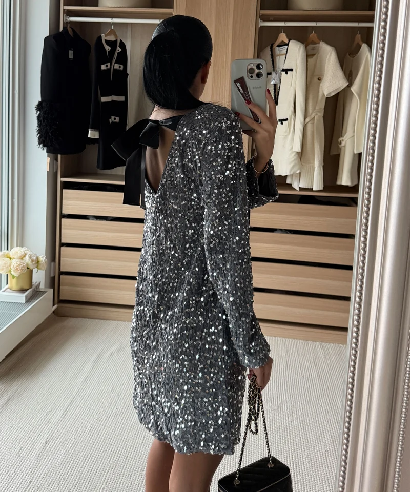 Pailletten Kleid Nessa Schleife Silber