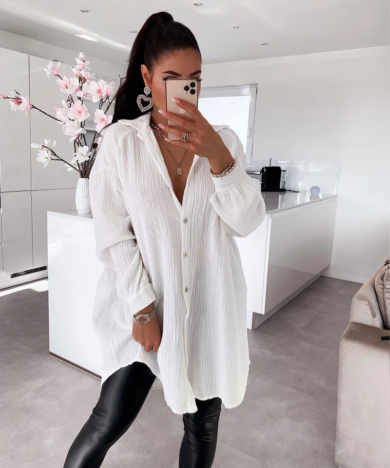 Oversize Musselin Bluse Freya Weiß Lang