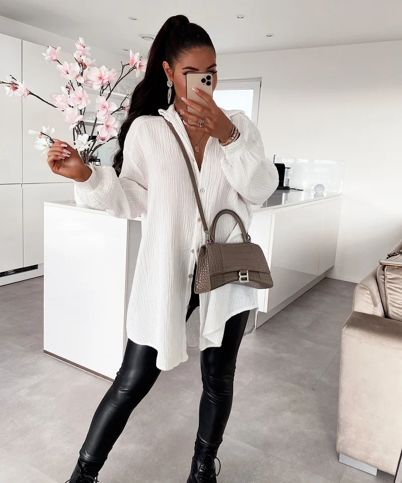 Oversize Musselin Bluse Freya Weiß Lang