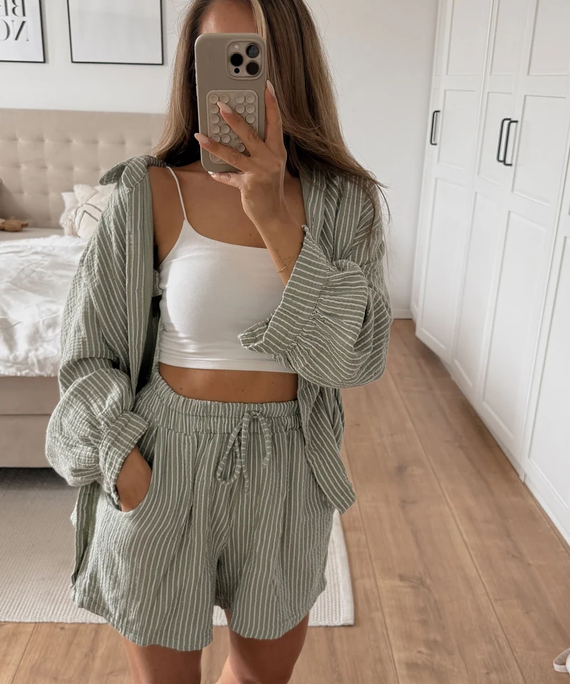 Musselin Bluse Felixa Streifen Khaki