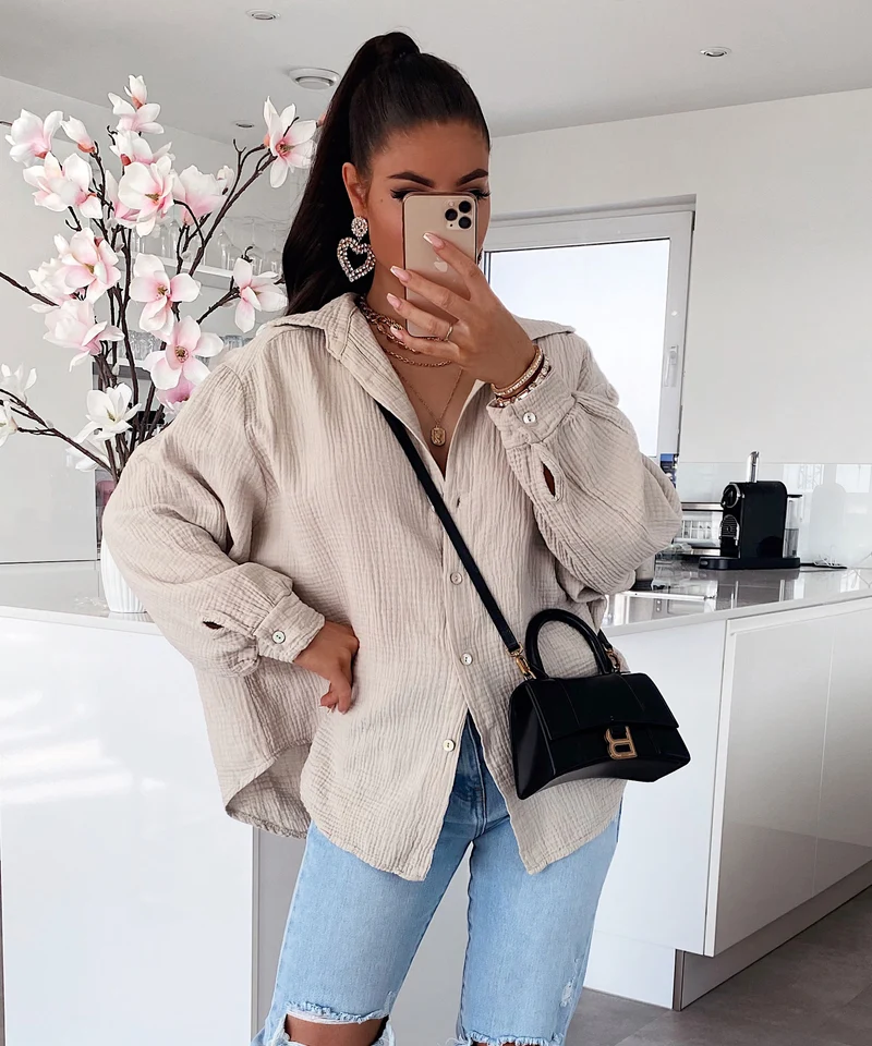 Oversize Musselin Bluse Freya Beige Kurz