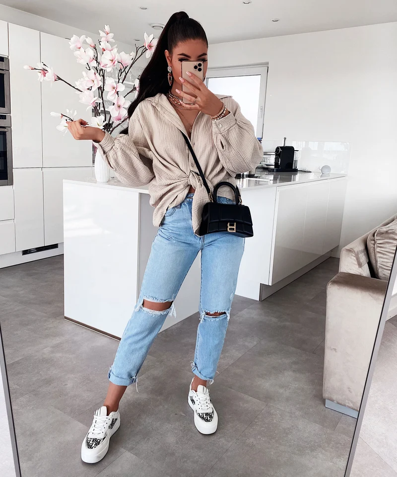 Oversize Musselin Bluse Freya Beige Kurz