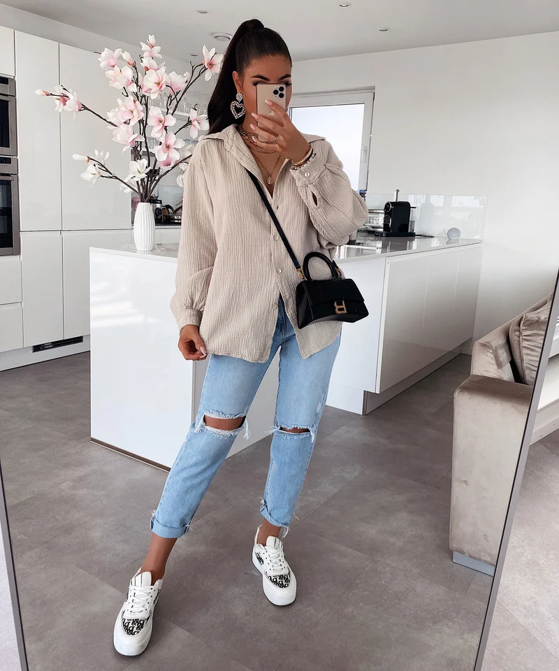 Oversize Musselin Bluse Freya Beige Kurz