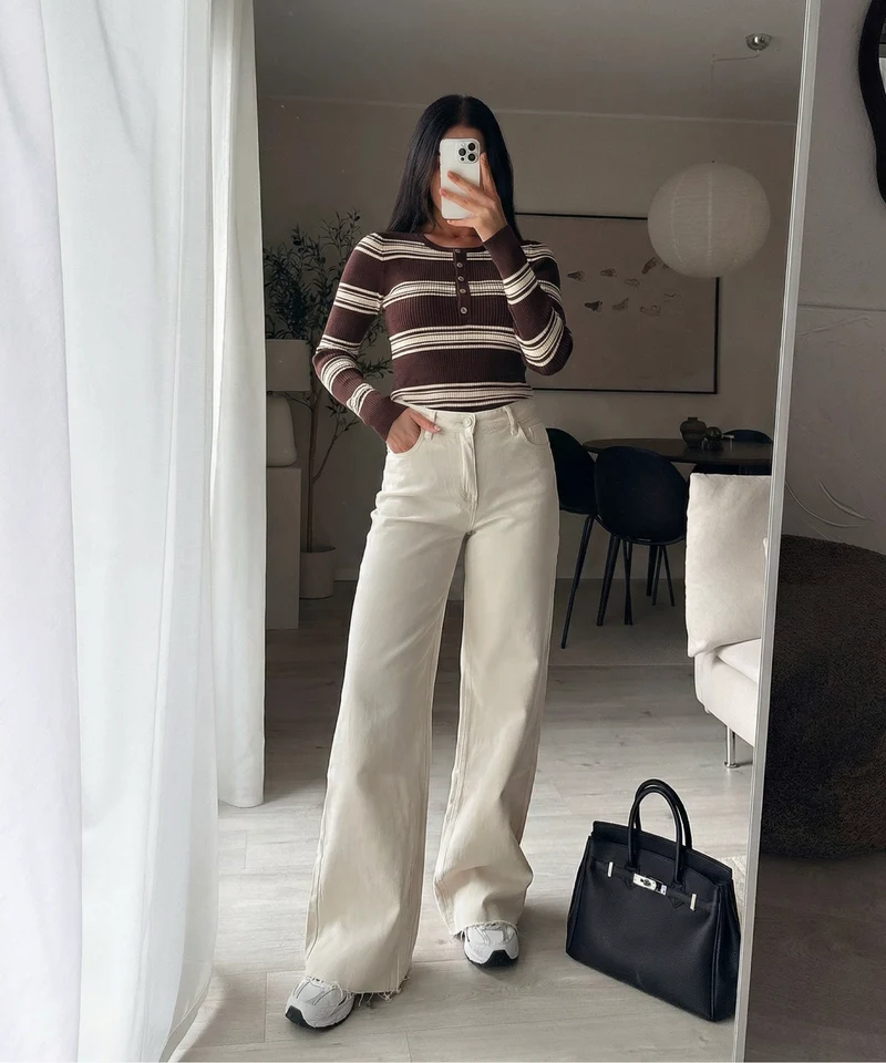 Extra Long Stretch Mid Waist Wide Leg Jeans Zerra Beige