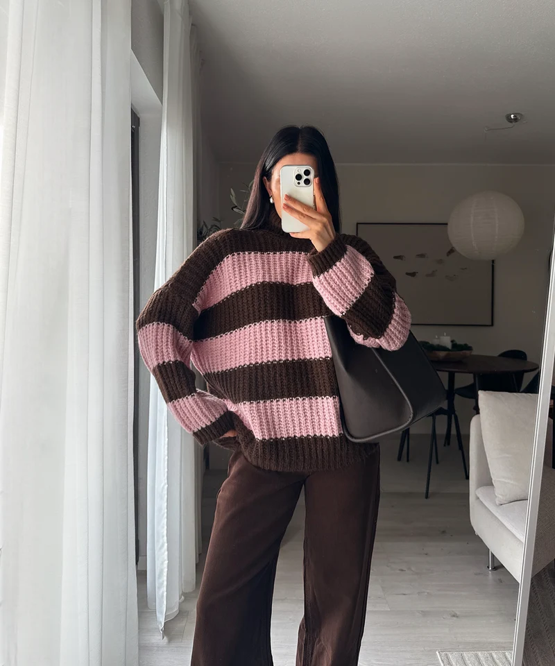 Rollkragen Pullover Tanny Streifen Braun Rosa