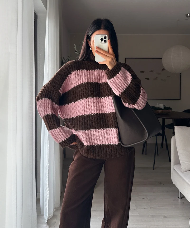 Rollkragen Pullover Tanny Streifen Braun Rosa