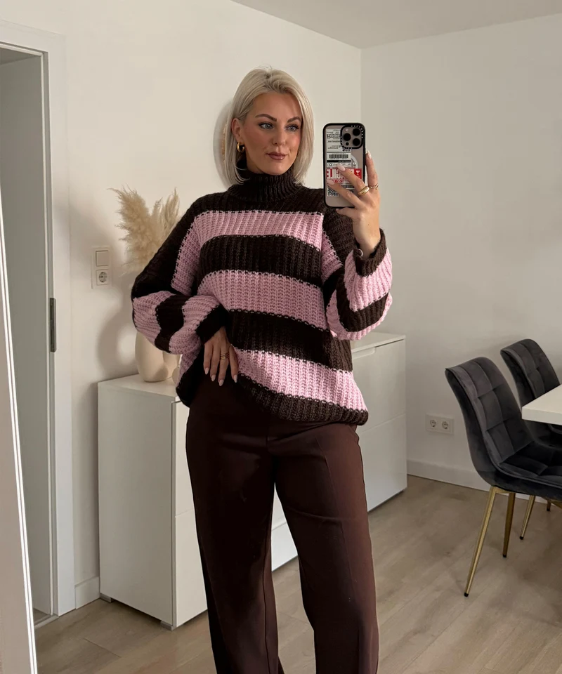 Rollkragen Pullover Tanny Streifen Braun Rosa