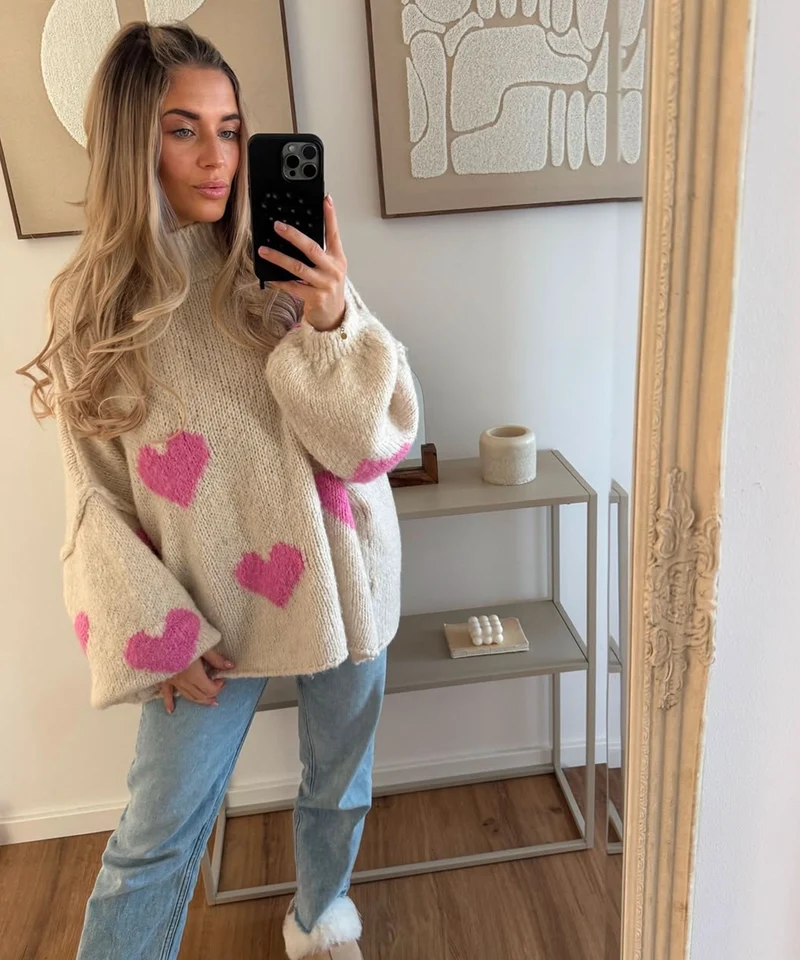 Oversize Pullover Nata Herz Beige Pink