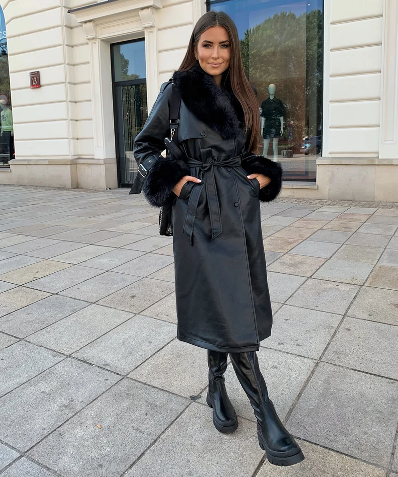 Ledermantel Hillary mit Felldetails Schwarz