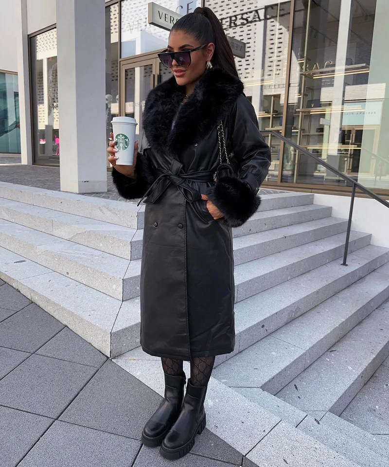 Ledermantel Hillary mit Felldetails Schwarz