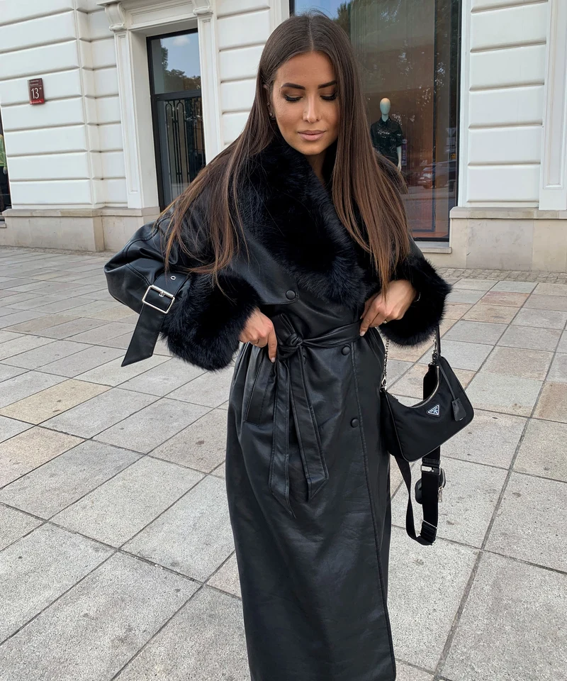 Ledermantel Hillary mit Felldetails Schwarz