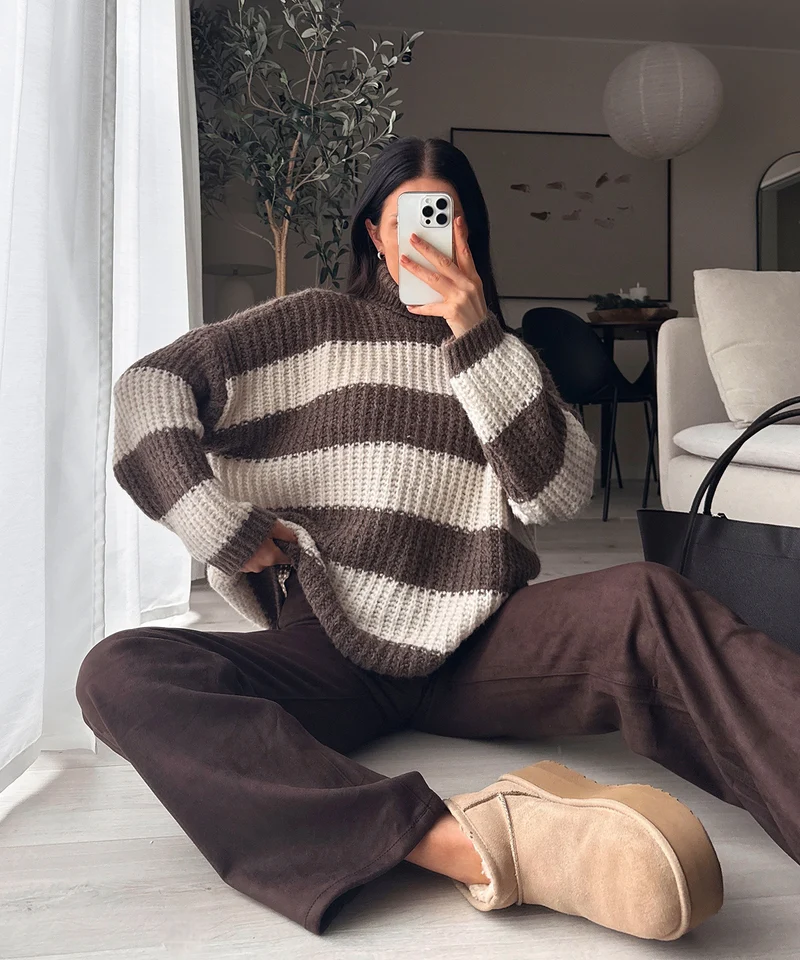Rollkragen Pullover Tanny Streifen Braun Beige