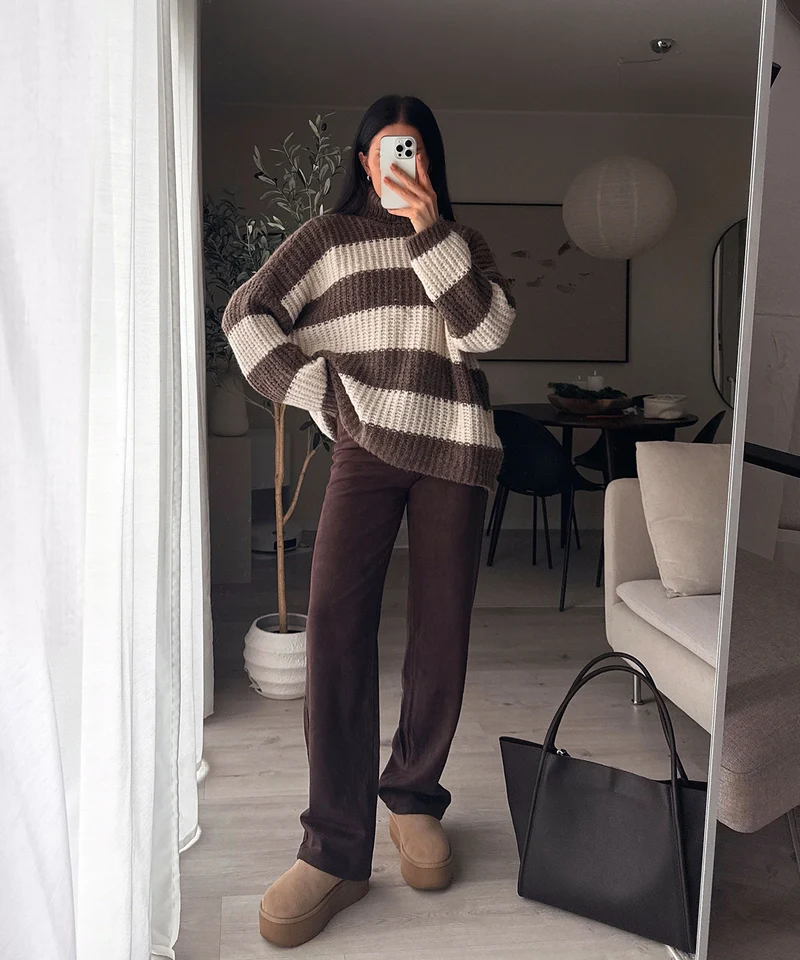 Rollkragen Pullover Tanny Streifen Braun Beige