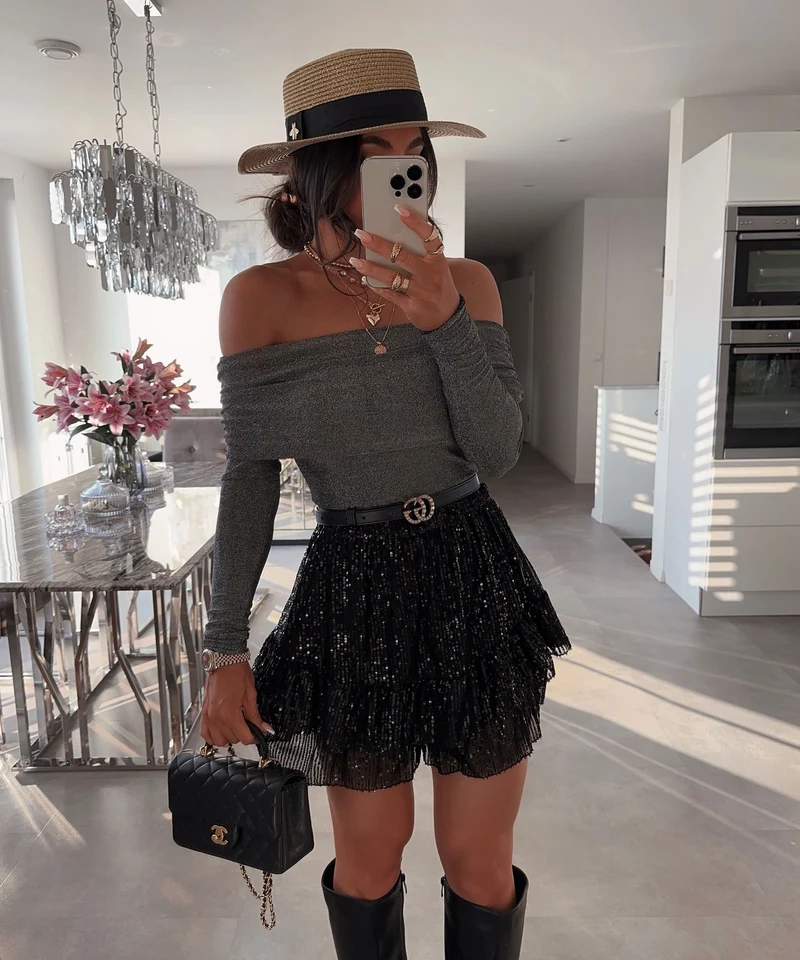 Schulterfreier Glitzer Body Marry Grau