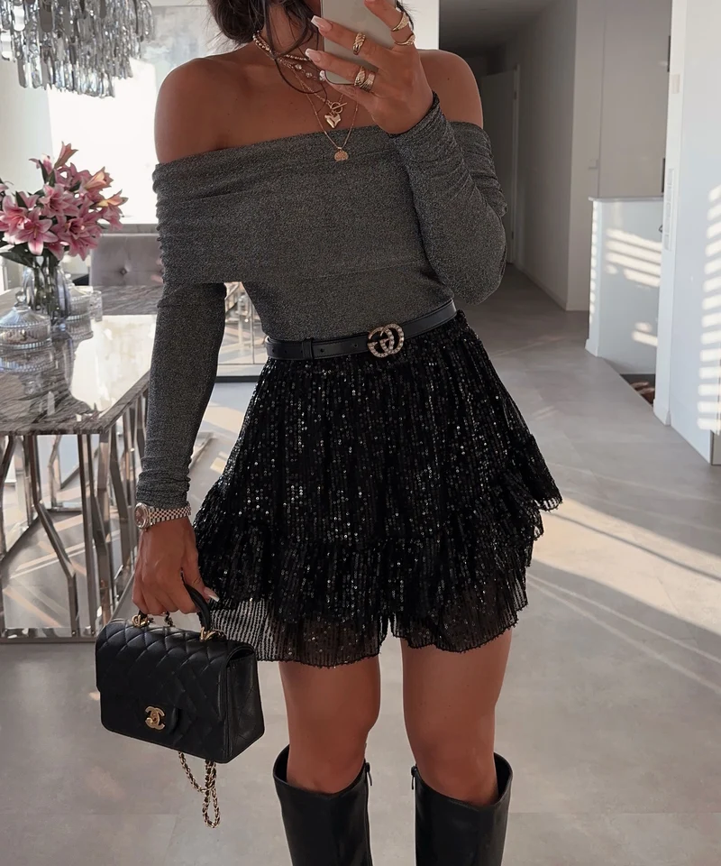Schulterfreier Glitzer Body Marry Grau