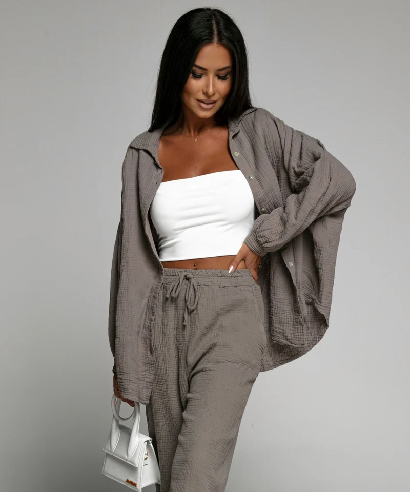 Oversize Musselin Bluse Freya Taupe Kurz