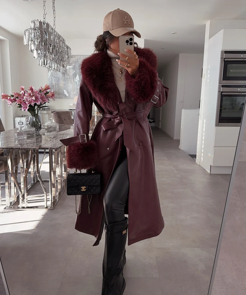 Ledermantel Hillary mit Felldetails Weinrot