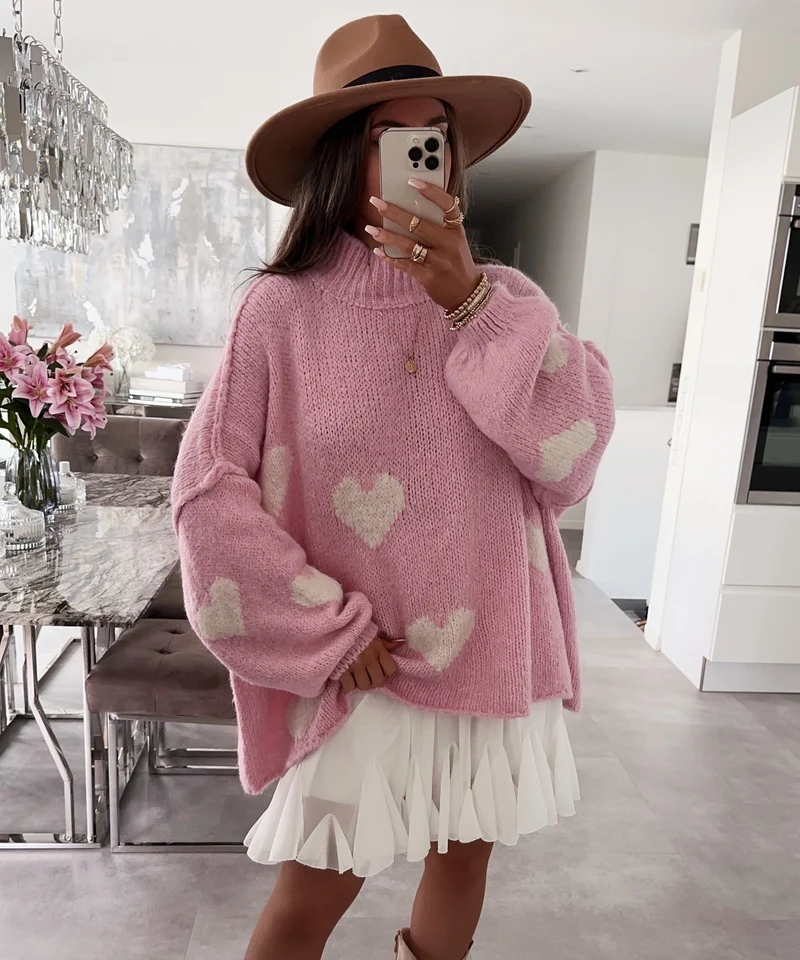 Oversize Pullover Nata Herz Rosa Beige